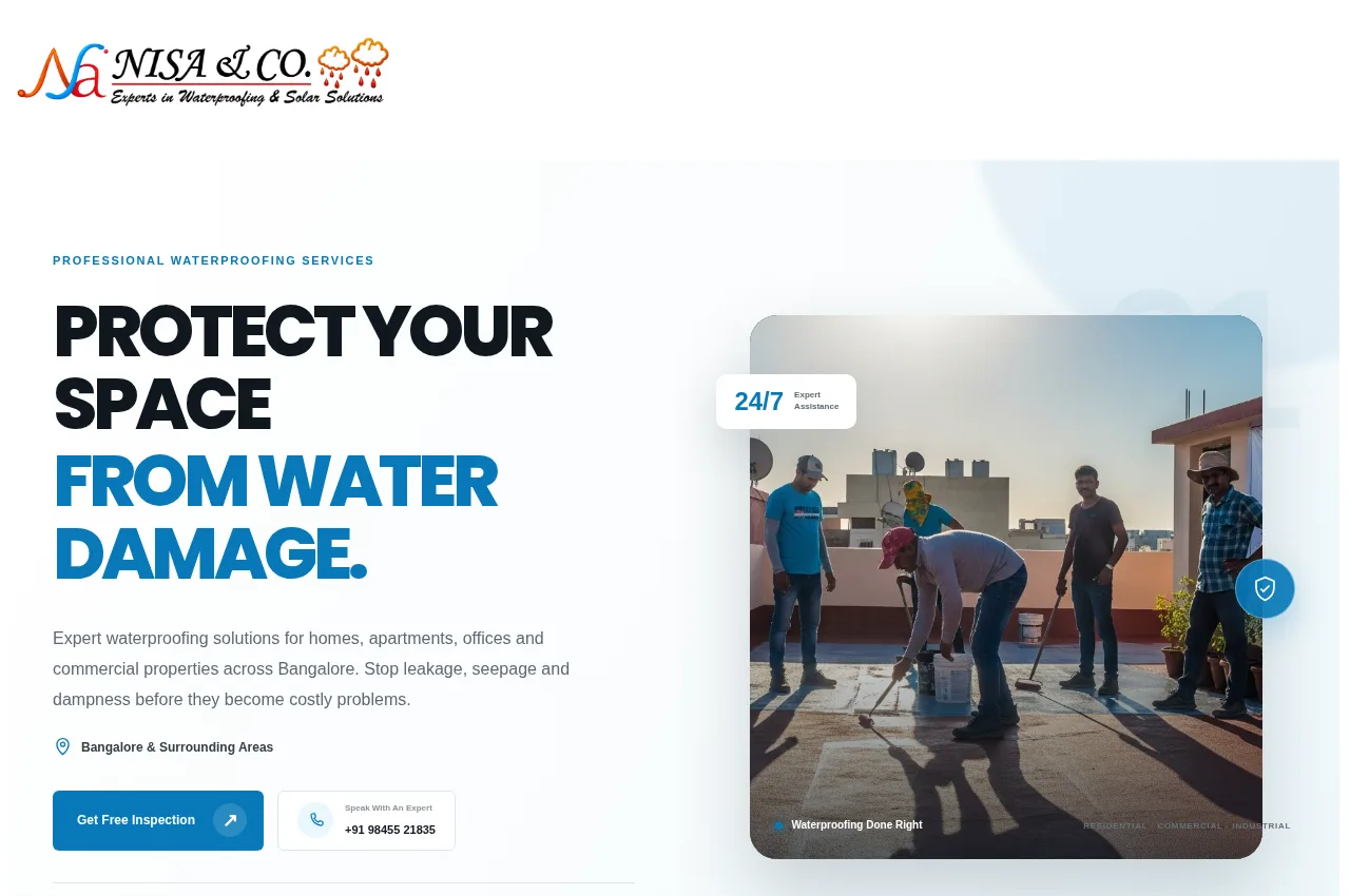Nisa Waterproofing website showing service information and enquiry options